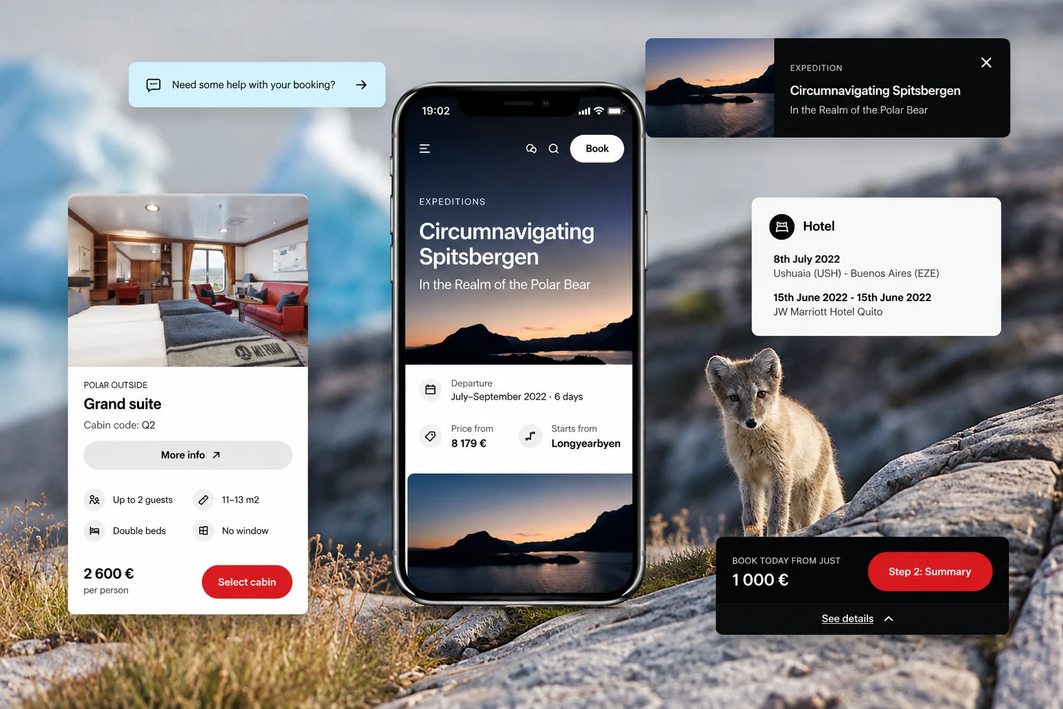 Cabin selection, extras and summary steps of the expedition booking flow