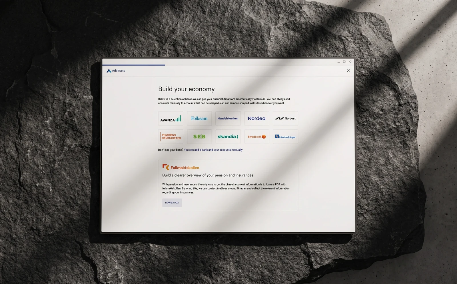 Advinans onboarding flow for connecting banks and pension data