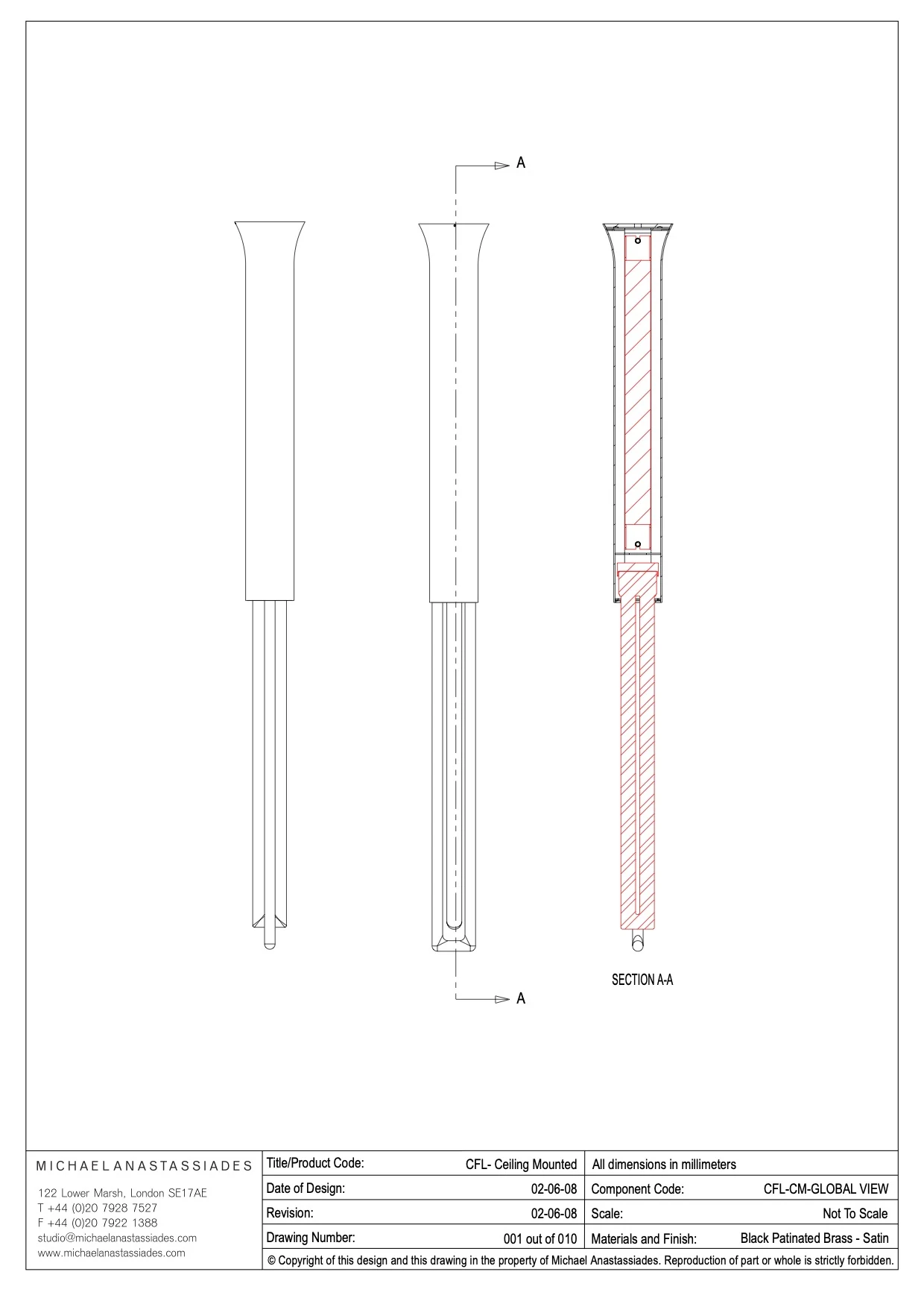 Technical elevation and section drawing of the CFL ceiling-mounted light, with studio title block