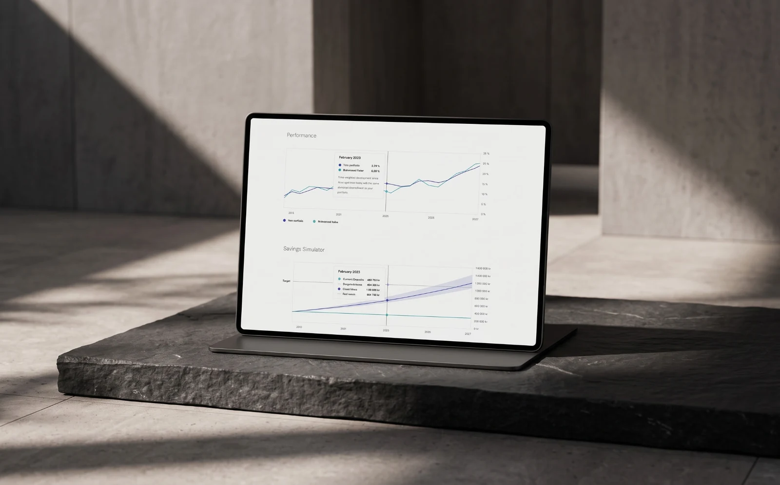 Advinans performance and savings simulator views on a laptop