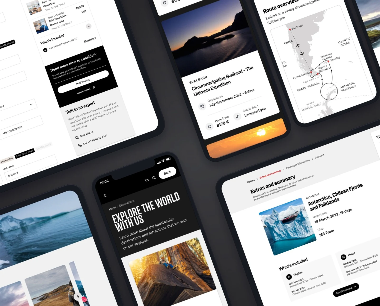 Expedition booking and destination screens across desktop and mobile