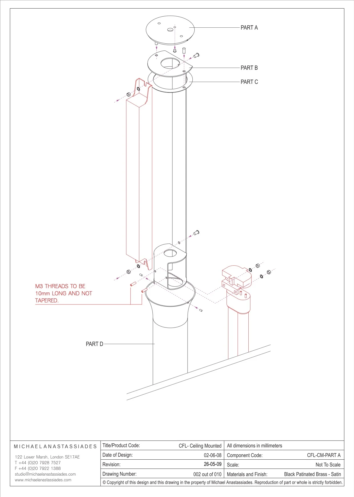 Exploded assembly drawing of the CFL ceiling-mounted light components, with studio title block
